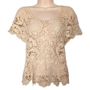 VIVID COLLECTION OF NY Cream Paisley Lace Short Sleeve Top Medium